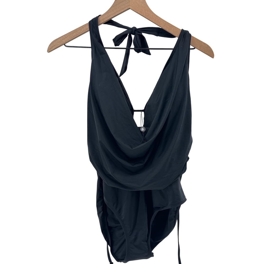 Emmy Deveaux One Piece Swimsuit NEW Medium Luxury Black Draped Halter Minimalist